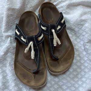 Birkenstock Papillo Nautical Leather slide-on Navy Blue/ White Sandals size 38
